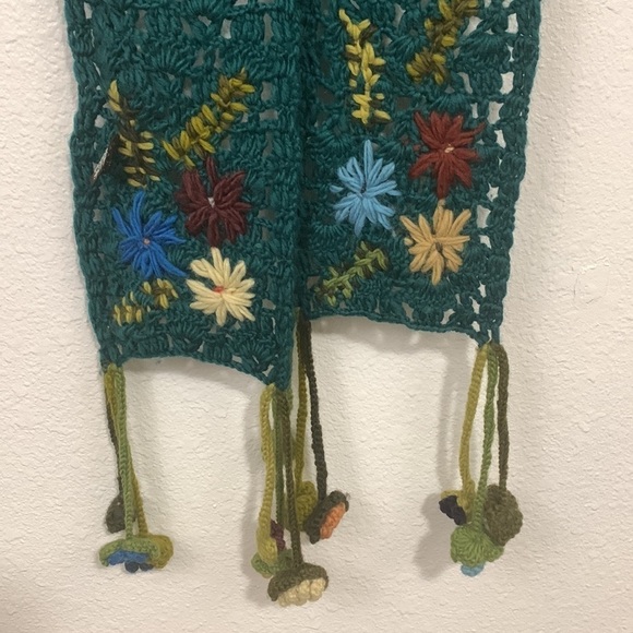 Tara Teal 100% Wool Boho Crochet Scarf One Size - Picture 2 of 5
